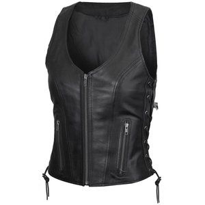 Women's Black Lace Side Zipper Pocket Premium Cowhide Leather Biker Vest